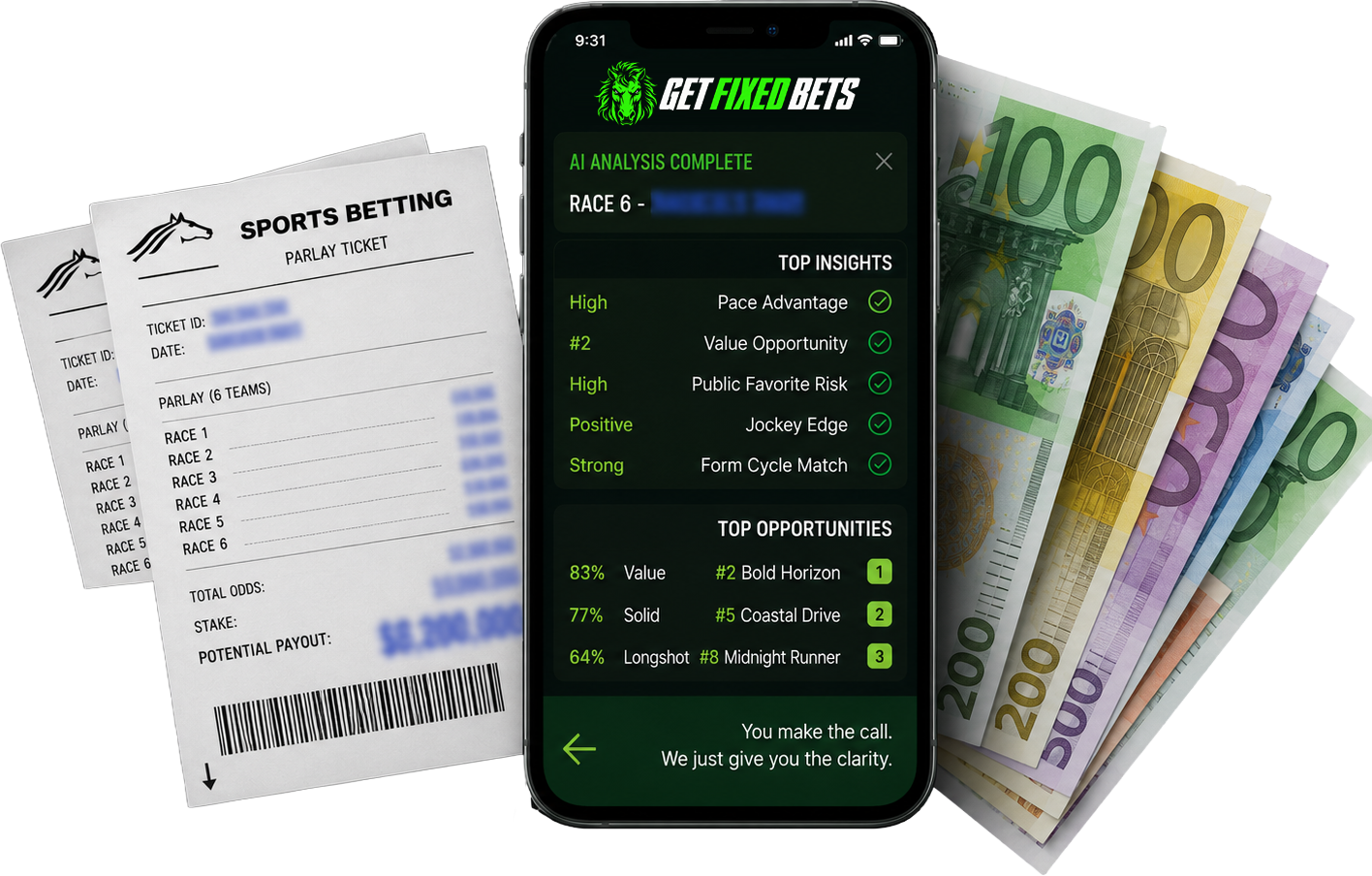 Get Fixed Bets app analyzing a race ticket with betting opportunities