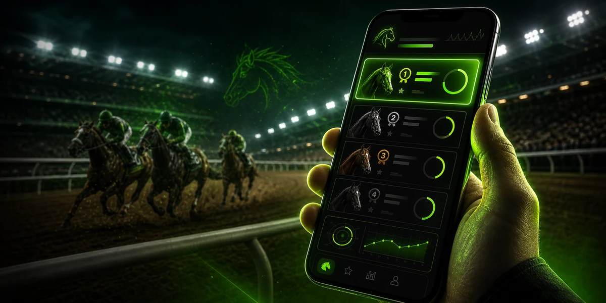 Phone showing AI-ranked horse racing picks at the track